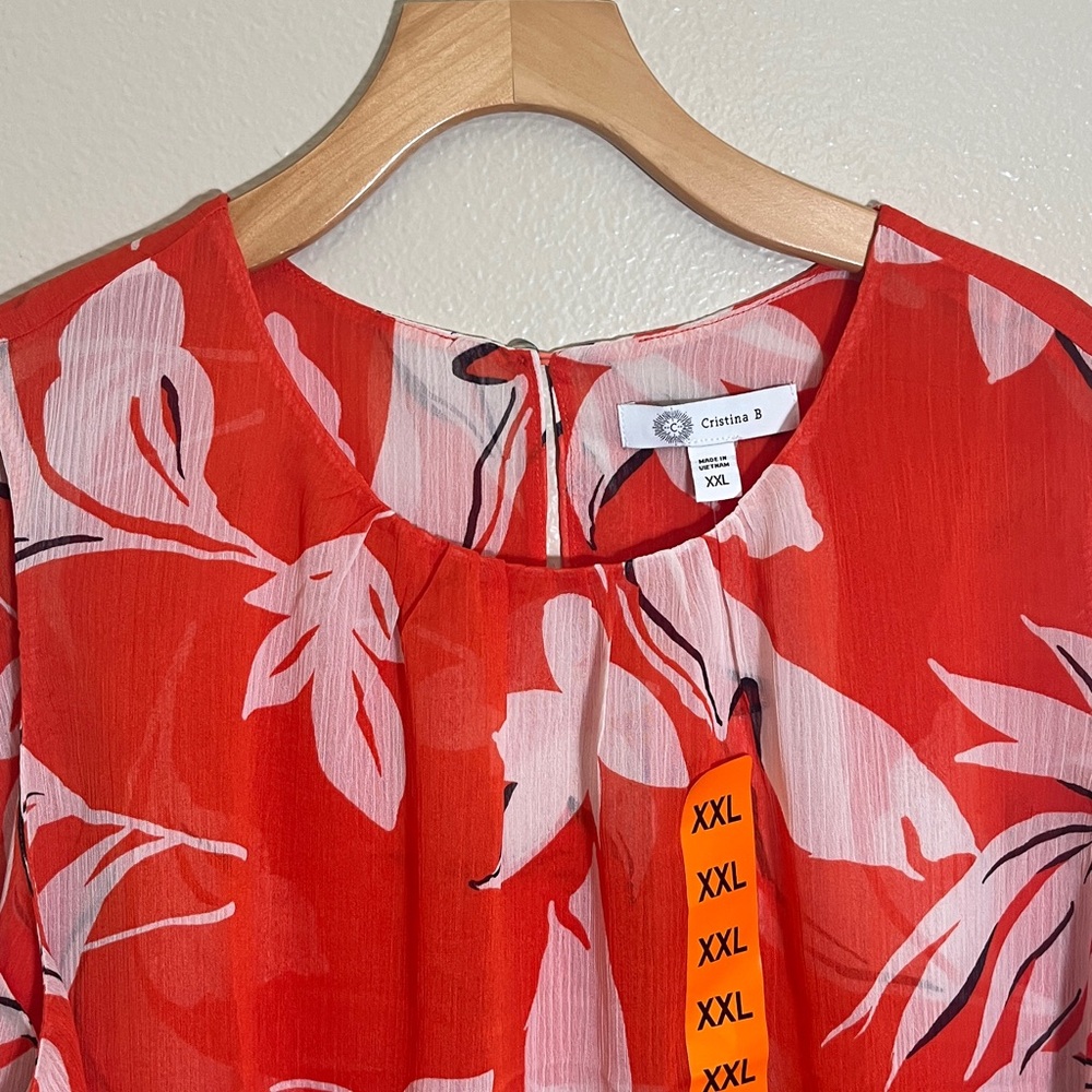 NWT Cristina B Cherry Tomato Red White Floral Sleeveless Semi-Sheer Blouse - Picture 3 of 11